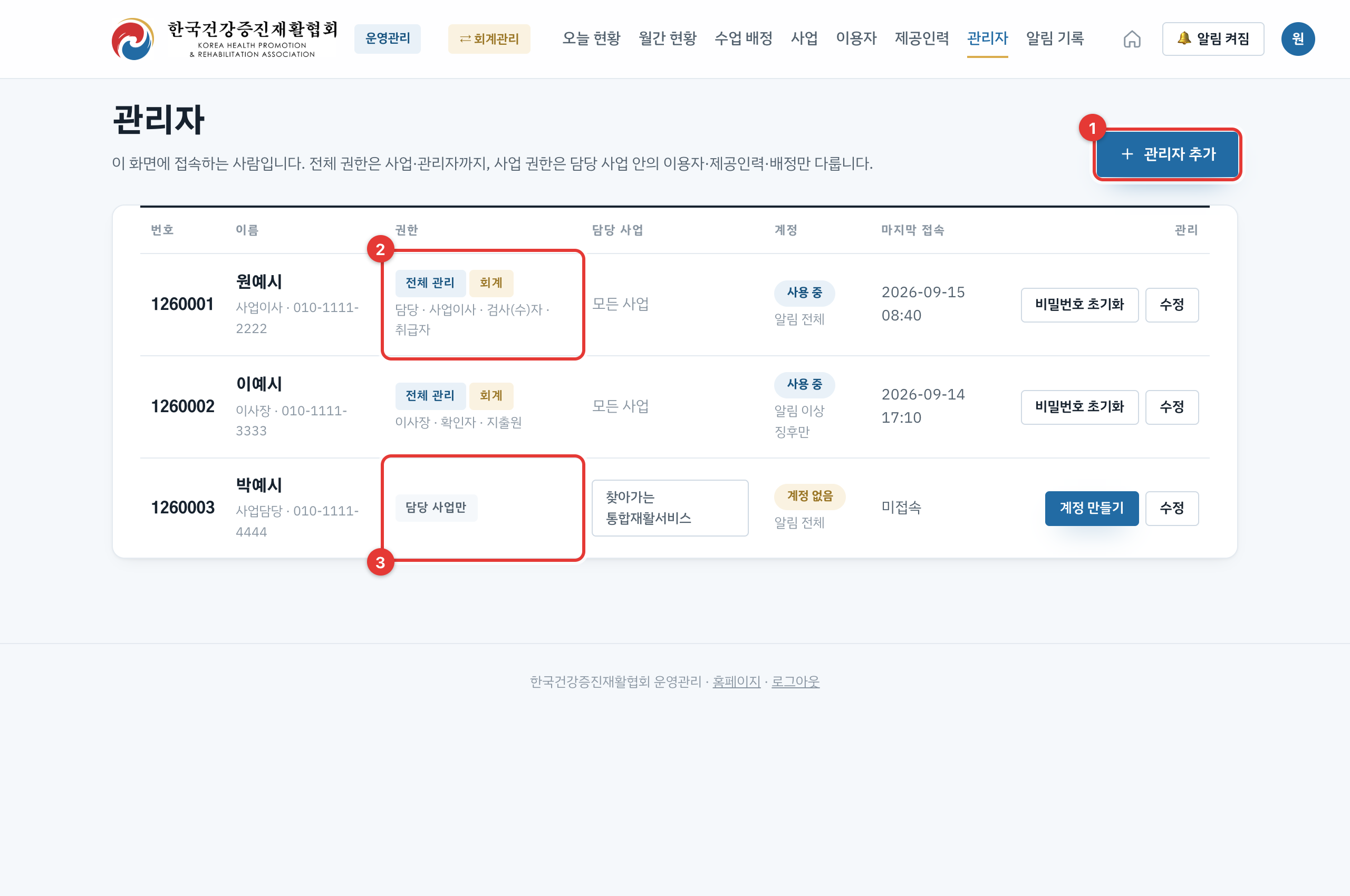 관리자 목록